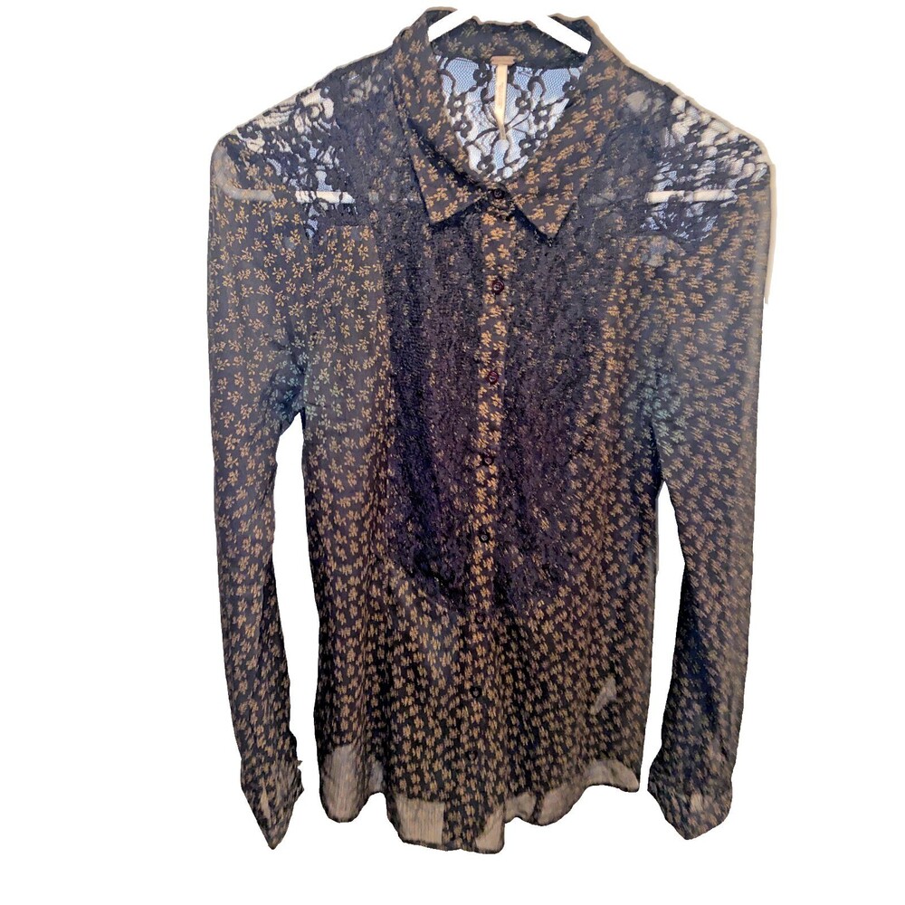 Free People Size M Collared Button Up Illusion Ribbed Knit Lace Shoulder Top